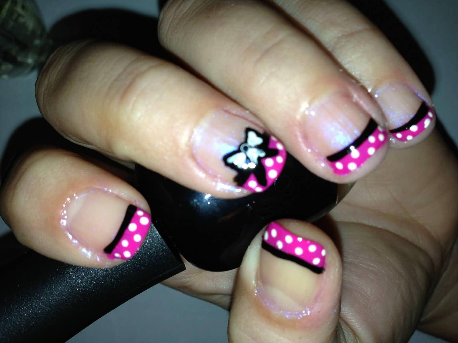 Pink And White French Tip Polka Dots Design With White Bow