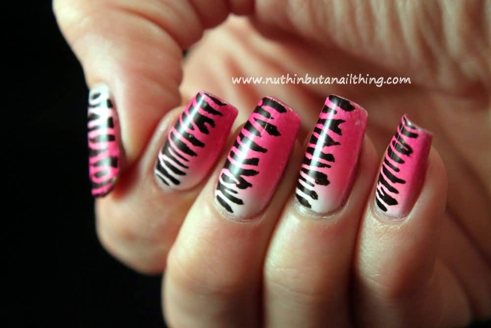 Pink And White Ombre Zebra Print Nail Art