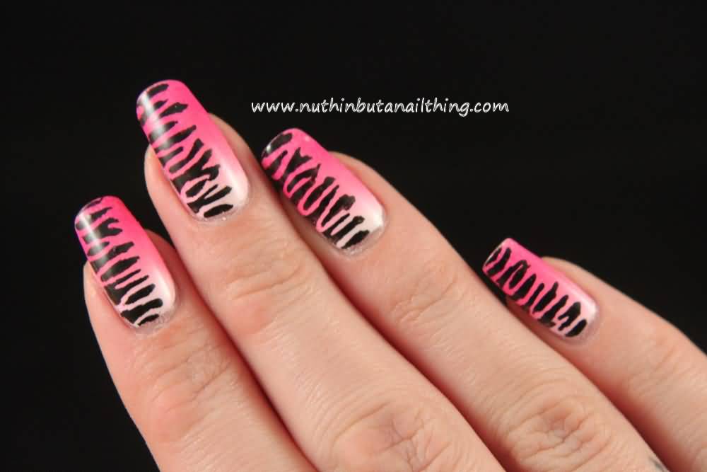 Pink And White Ombre Zebra Print Nail Design