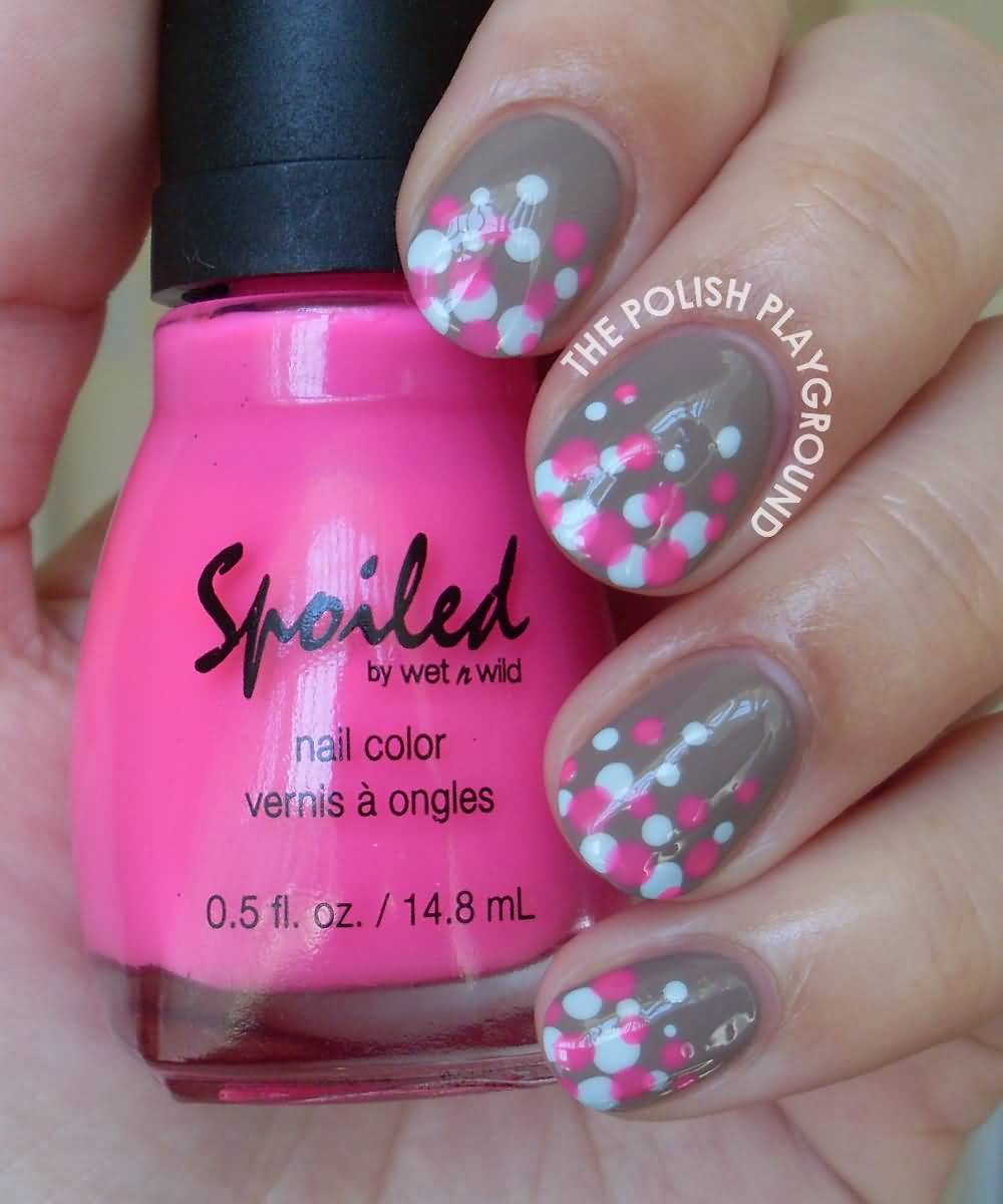 Pink And White Polka Dots Nail Art On Glossy Nails