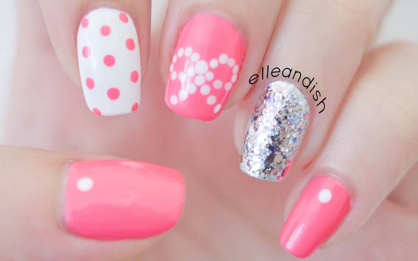 Pink And White Polka Dots Nail Design Idea