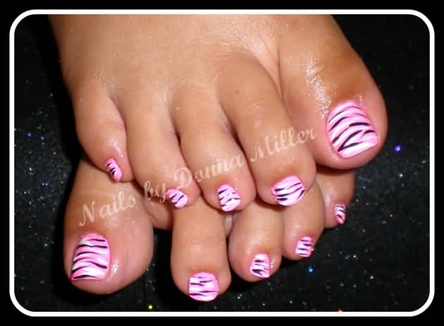 Pink And White Zebra Print Nail Art For Toe