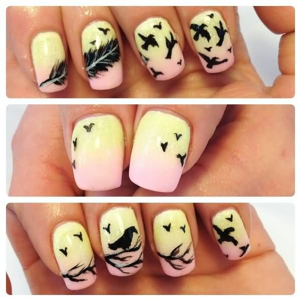 Pink And Yellow Ombre Nails With Black Feather Nail Art And Flying Birds
