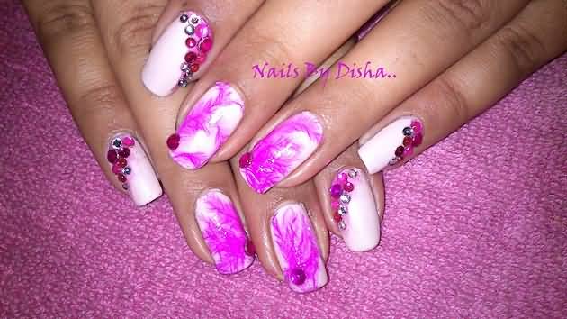 Pink Feather Nail Art With Rhinestones