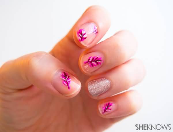 Pink Feather Nail Design Idea