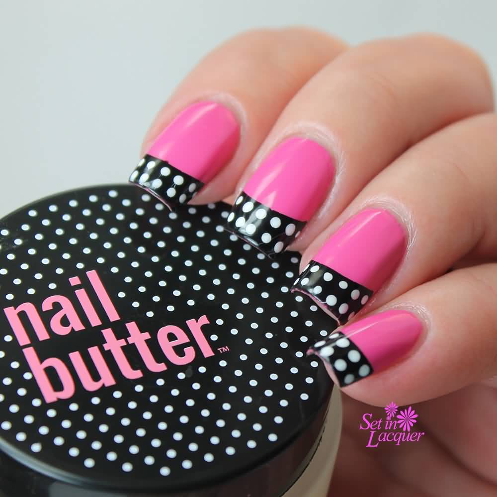 Pink Nails With Black And White Polka Dots French Tip Nail Art