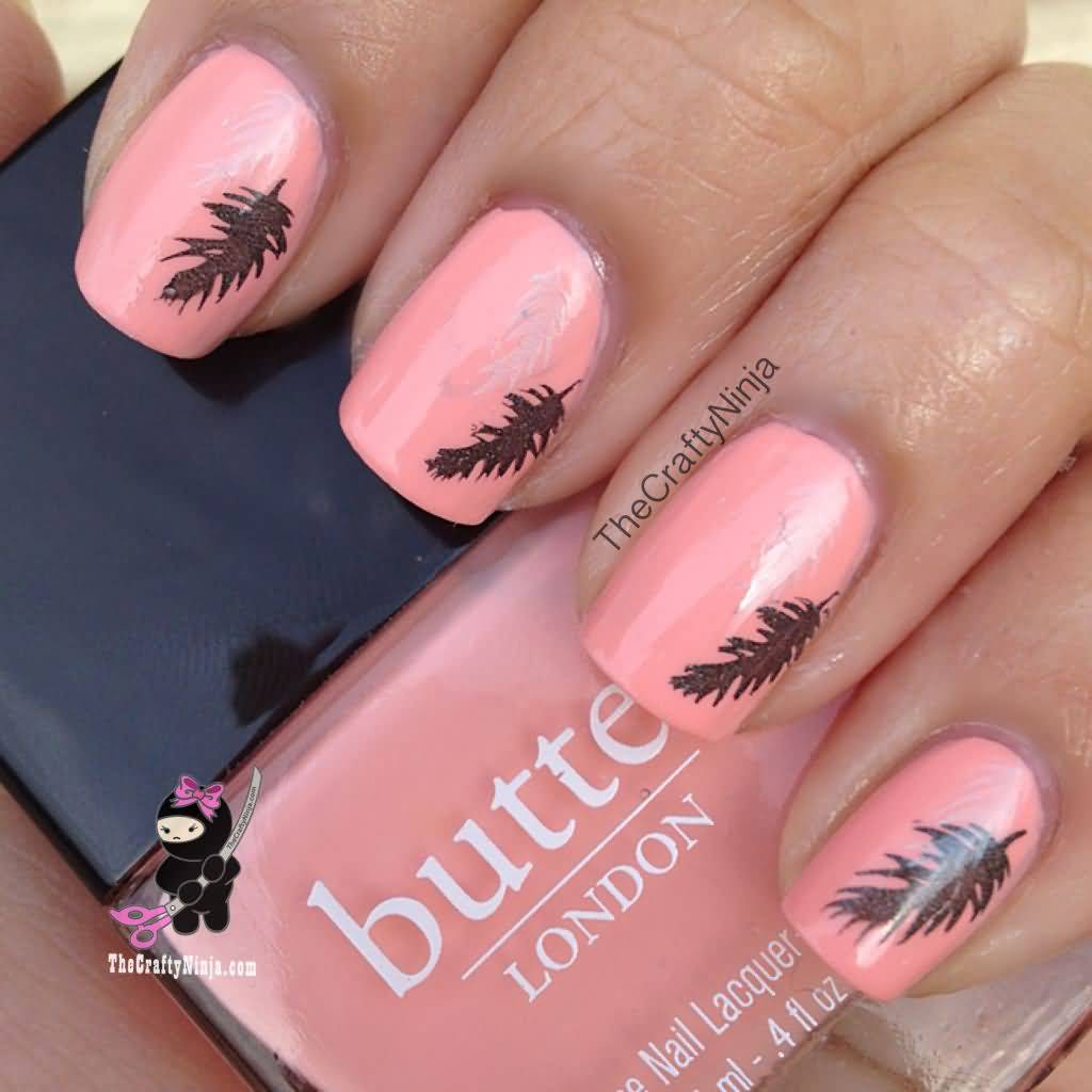 Pink Nails With Black Feather Nail Art