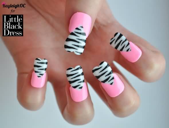 Pink Nails With With Heart Shaped Zebra Print Nails