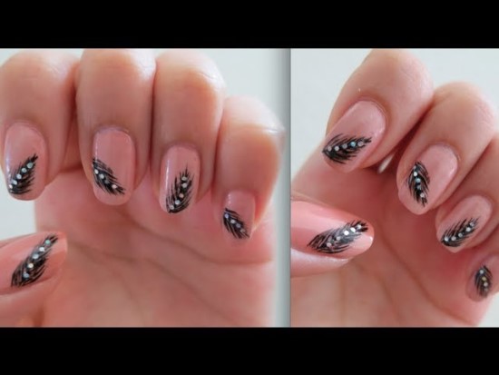 Pink Nails With Black Feather Nail Art With Rhinestones Design