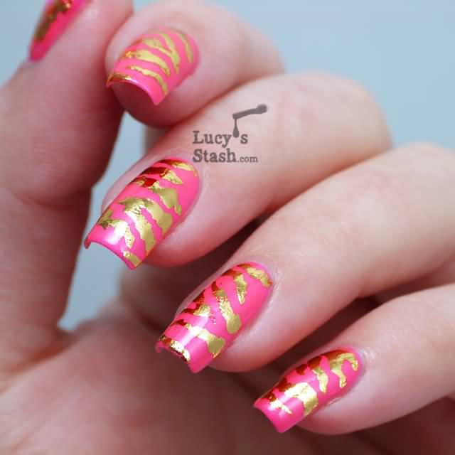 Pink Nails With Golden Zebra Print Nail Art