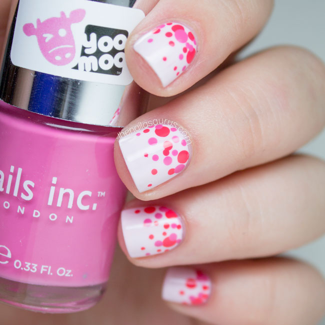 Pink Polka Dots Nail Art On Off White Nails