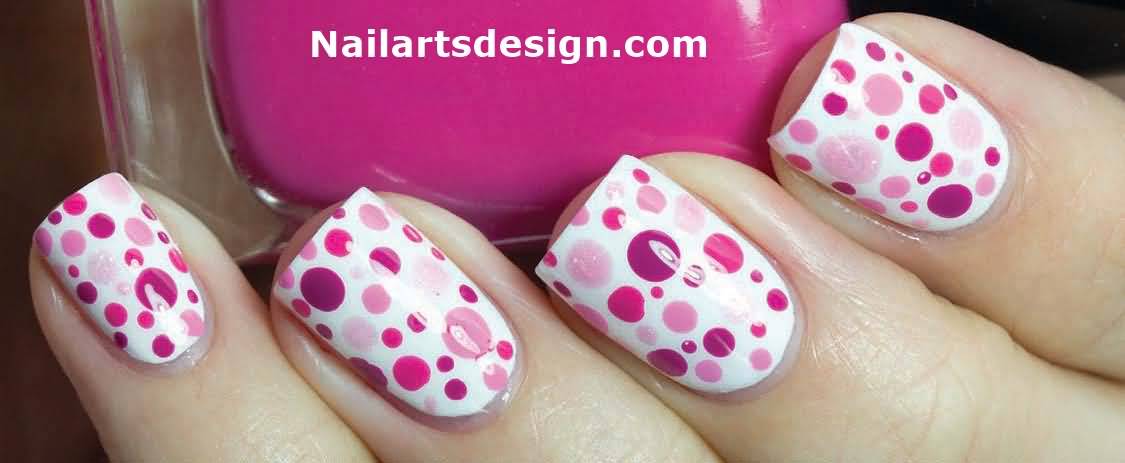 Pink Polka Dots Nail Art On White Nails
