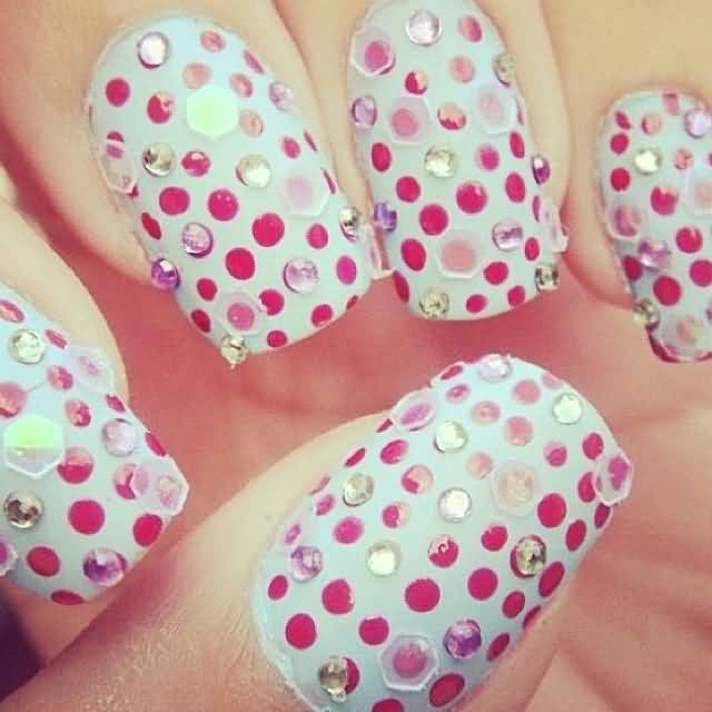 Pink Polka Dots On Blue Nails With Rhinestones Design