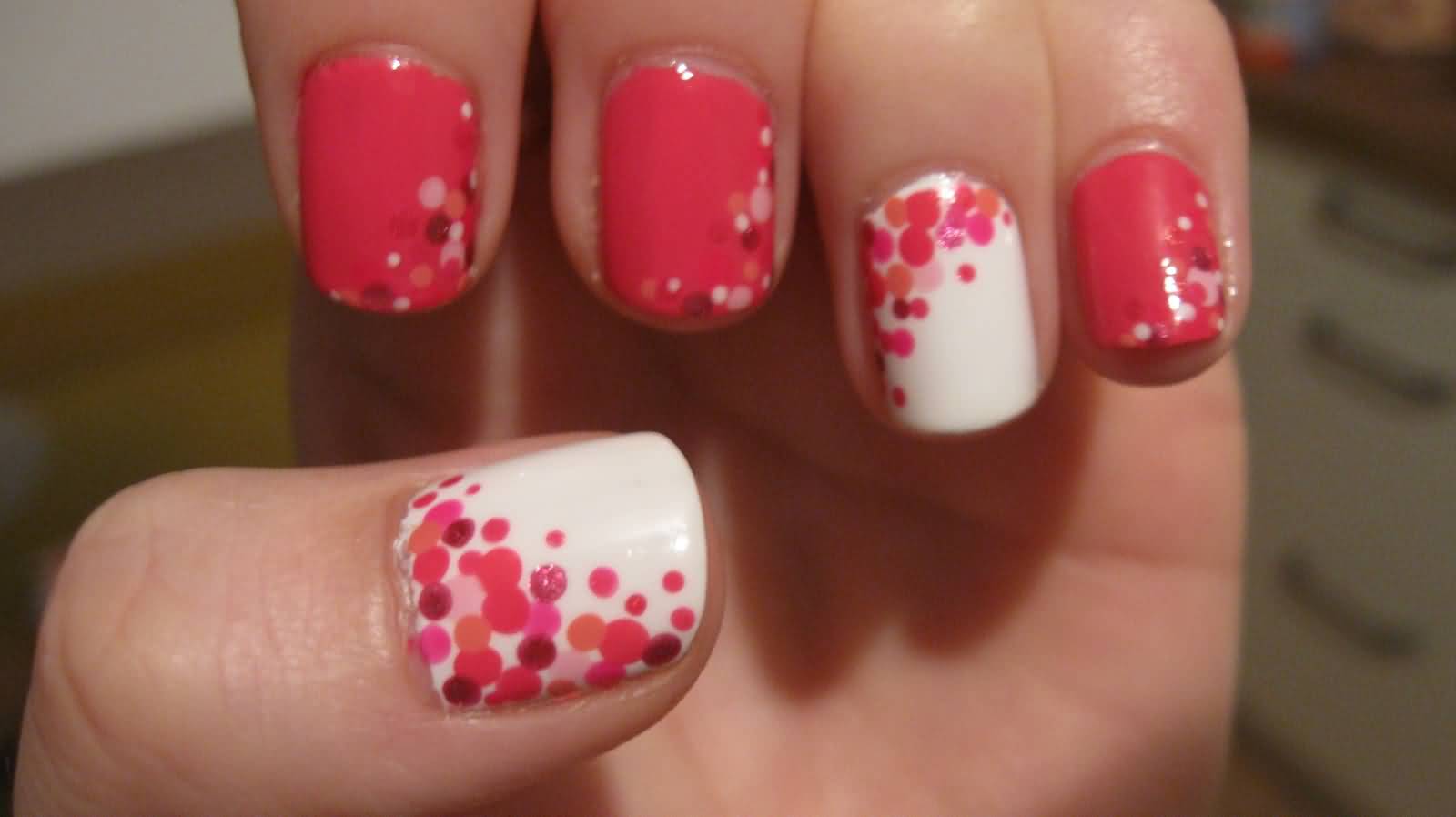 Pink Polka Dots On White Nails