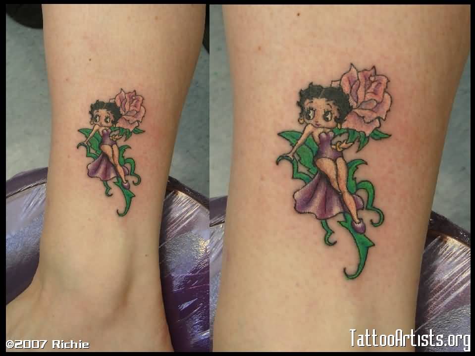 Pink Rose And Betty Boop Tattoo On Leg