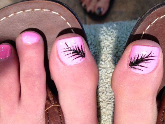 Pink Toe Nails With Black Feather Nail Art