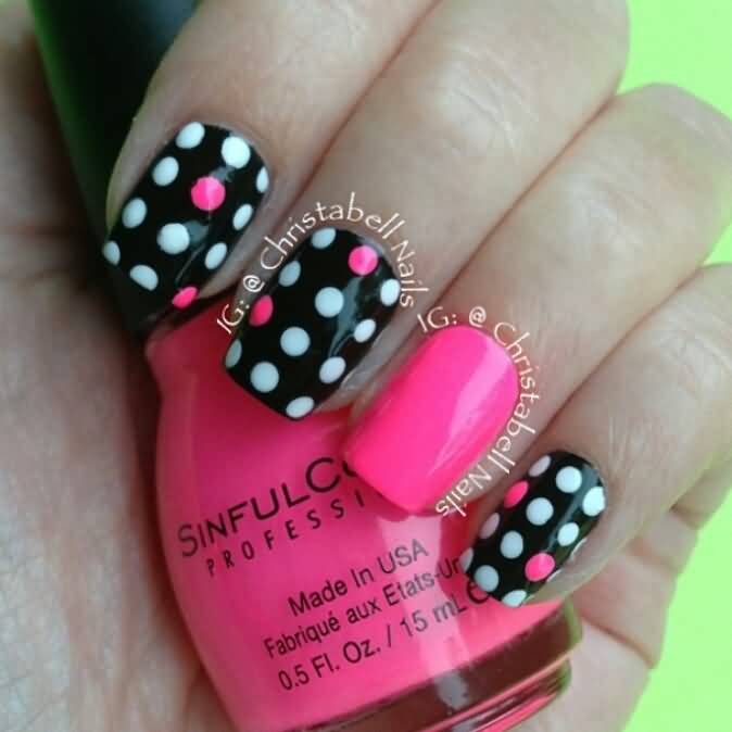 Pink White And Black Polka Dots Nail Art