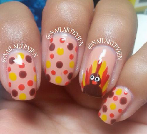 Polka Dots And Turkey Nail Design For Thanksgiving