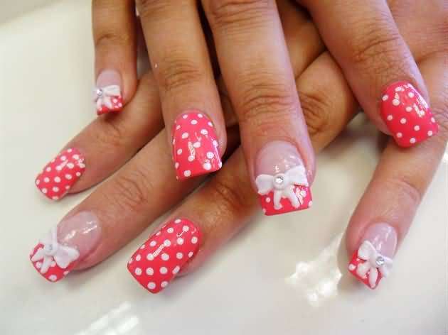Pretty Pink And White Polka Dots Nail Art With 3d White Bow Design