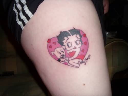 Puppy And Betty Boop In Pink Heart Tattoo On Side Thigh