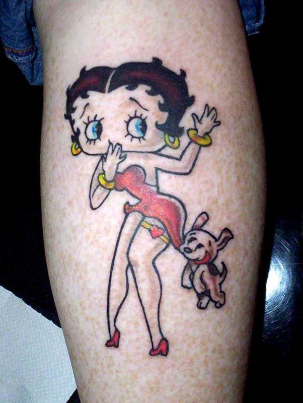 Puppy Pulling Betty Boop Dess Tattoo On Leg