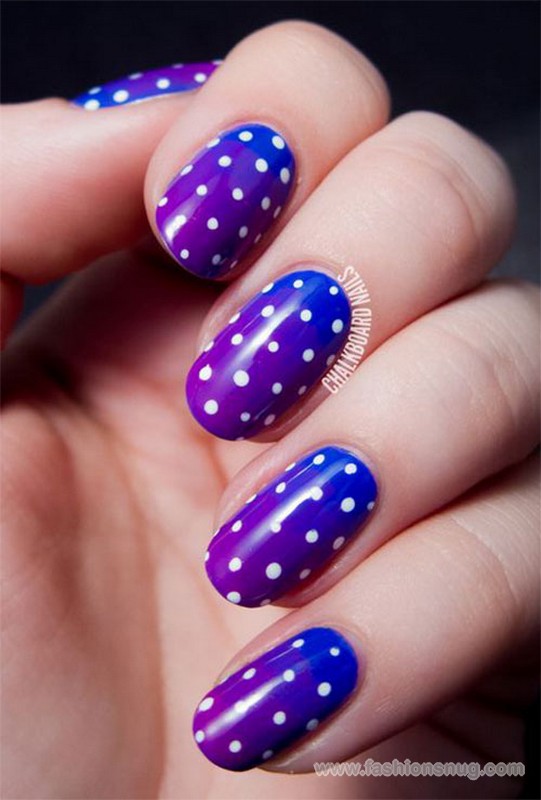 Purple And Blue Ombre Nails With White Polka Dots Nail Art