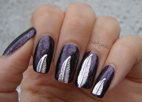 Purple Glitter Gel Nails With White Feather Nail Art