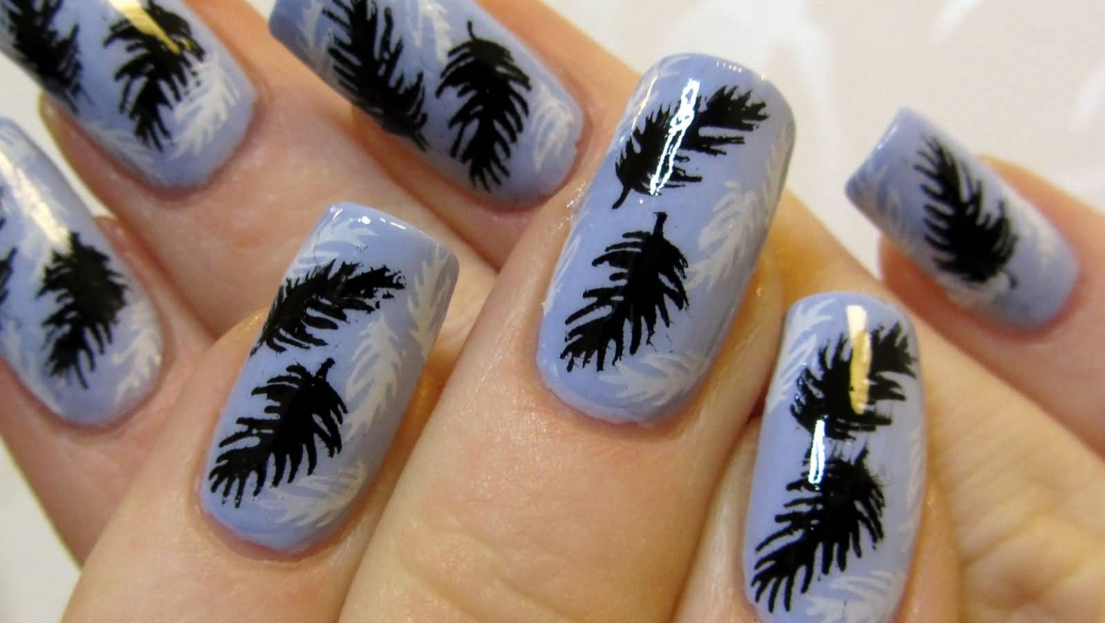 Purple Nails With Black And White Feather Nail Art