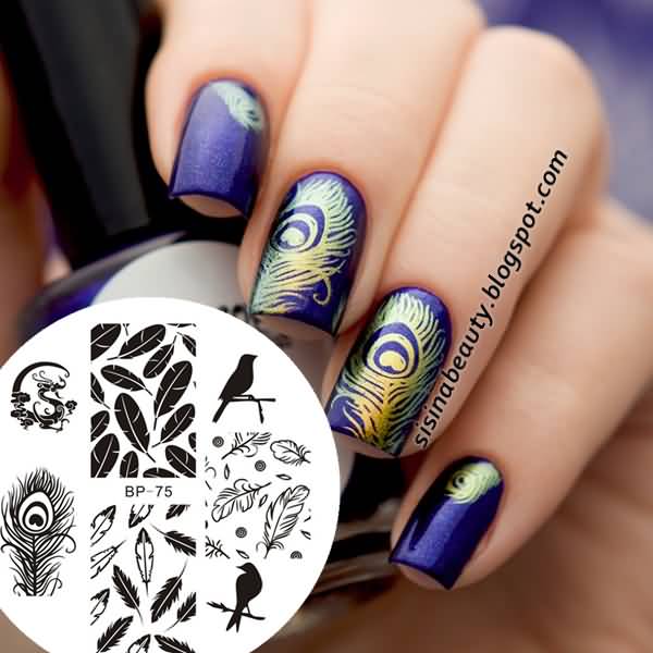 Purple Nails With Golden Feather Nail Art
