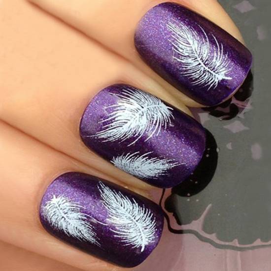 Purple Nails With White Feathers Nail Design