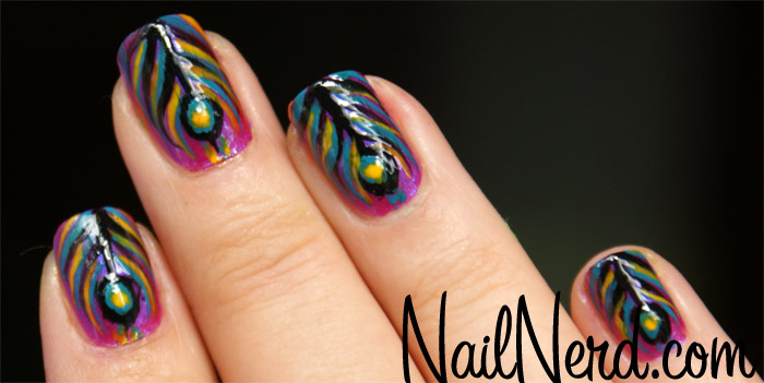 Purple Short Nails With Feather Nail Art