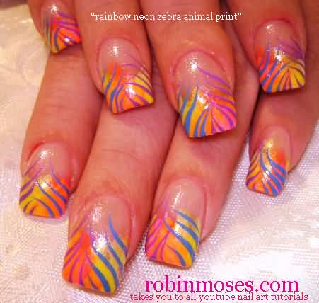Rainbow Neon Zebra Print Nail Art