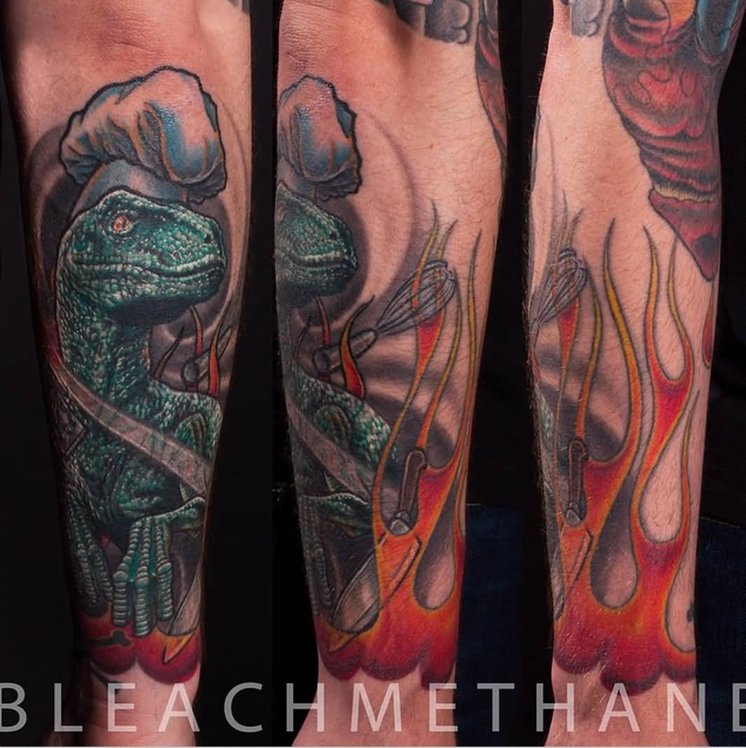 Raptor Chef With Flames Tattoo By Bleach Methane