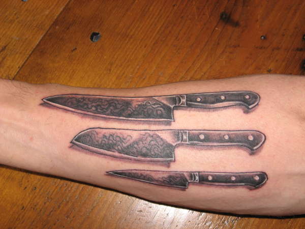 Realistic Chef Knives Tattoo On Forearm