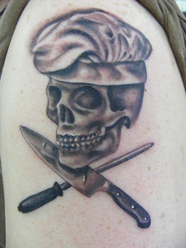 Realistic Chef Skull With Knives Tattoo