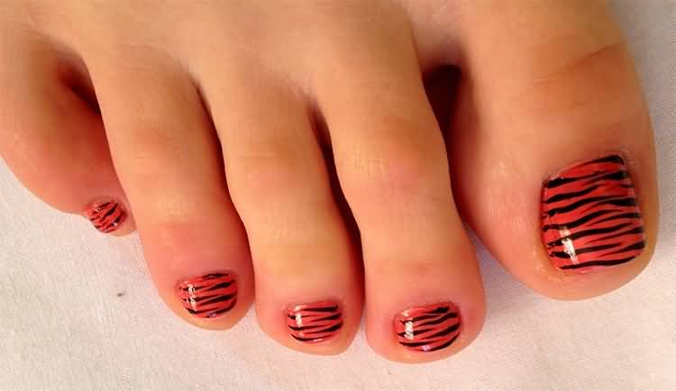 Red And Black Glossy Zebra Print Nail Art For Toe