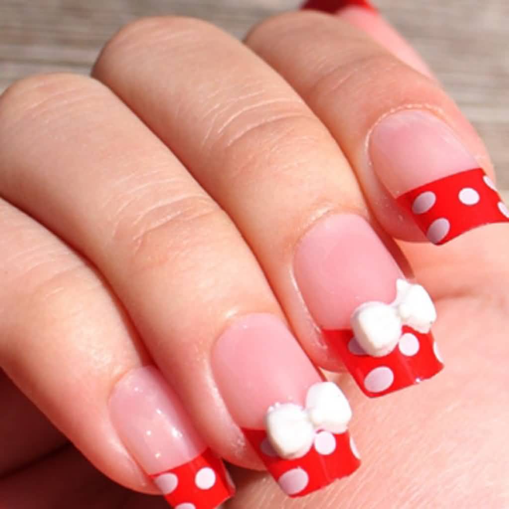 Red And White French Tip And 3d Bow