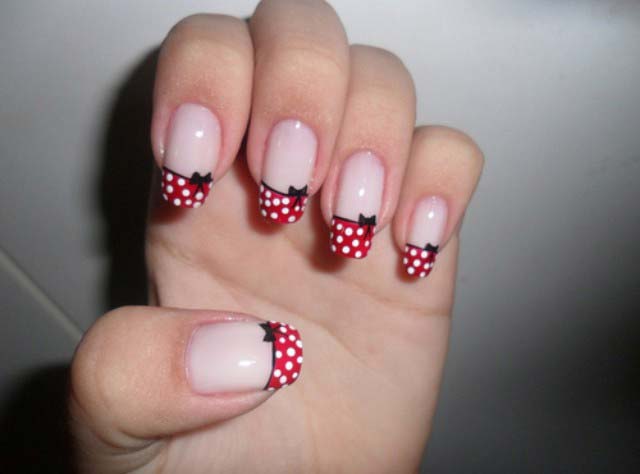Red And White French Tip Polka Dots Nail Art With Black Bow