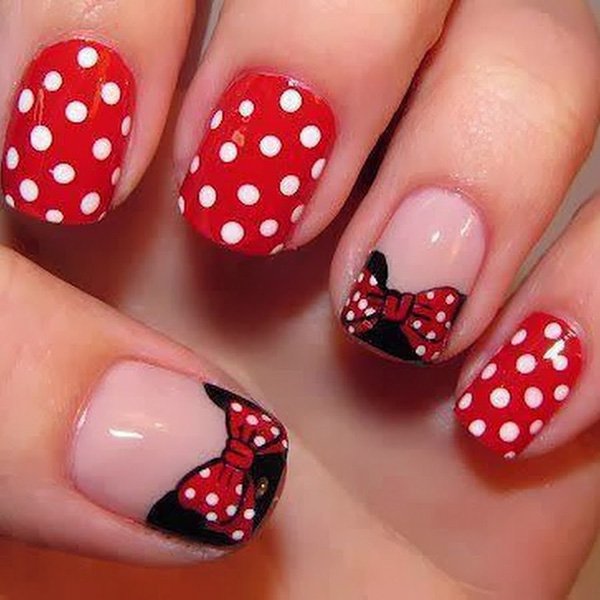 Red And White Polka Dots Nail Art With French Tip Bow Design