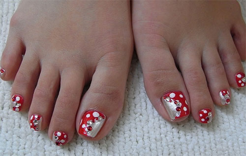 Red And White Polka Dots Toe Nail Art
