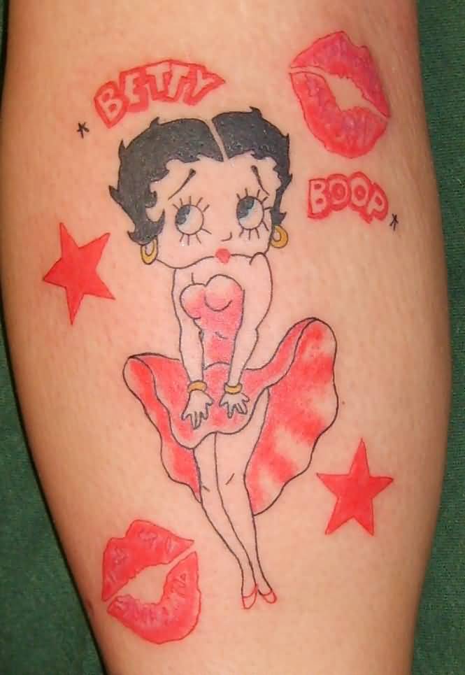 Red Ink Lovely Betty Boop Tattoo On Leg