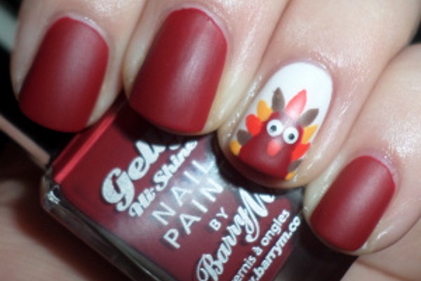 Red Matte Nails With Accent Turkey Design Thanksgiving Nail Art