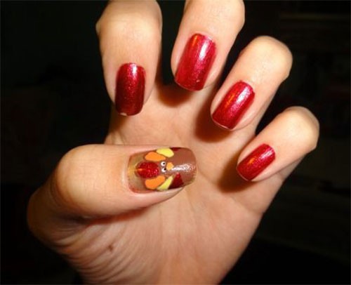 Red Nails With Accent Turkey Face Thanksgiving Nail Art