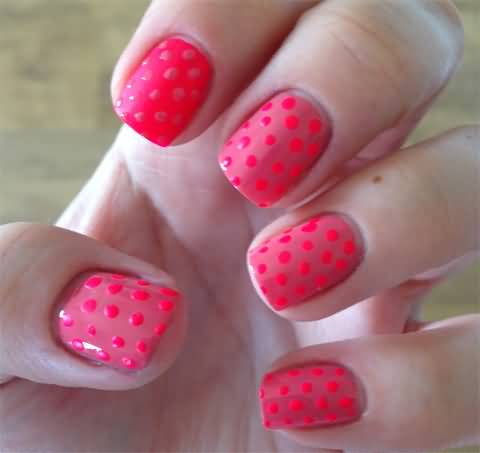 Red Nails With Pink Polka Dots Nail Art