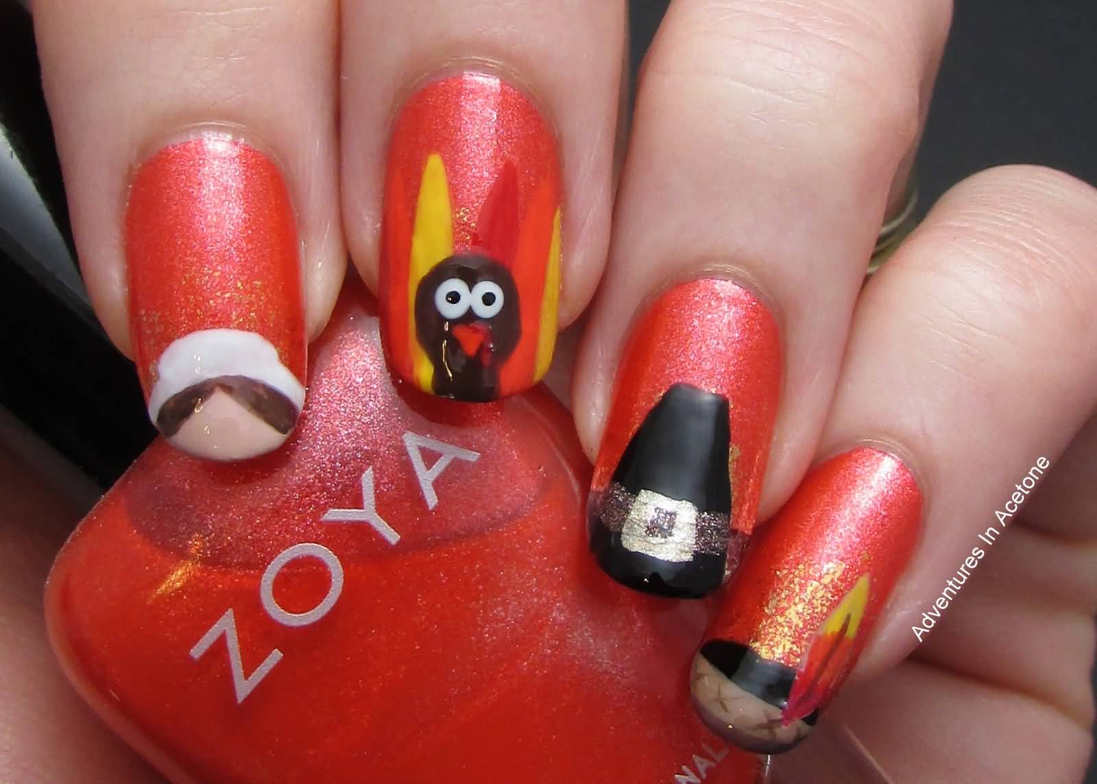 Red Nails With Turkey Face Thanksgiving Nail Art