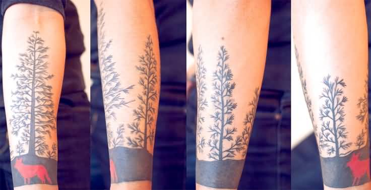 Red Wolf And Forest Tattoo On Sleeve