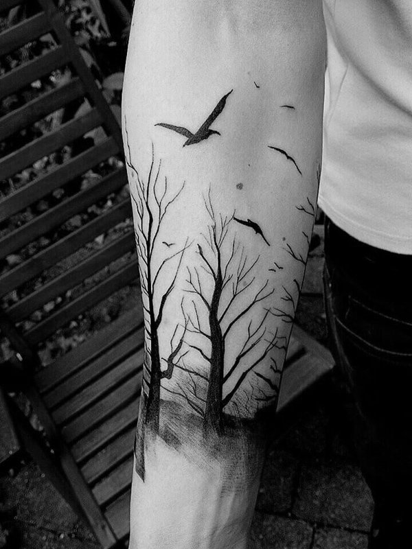 Right Forearm Black Ink Tree Forest Tattoo