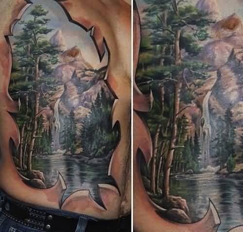 Ripped Skin Colored Forest Tattoo On Side Rib For Men