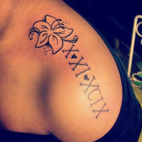 Roman Numeral With Small Hearts And Flower Tattoo On Left Upper Shoulder