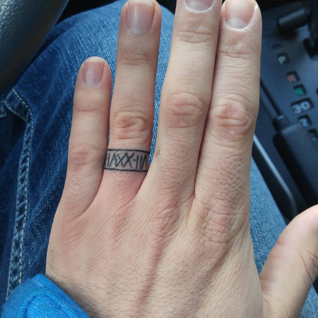 Roman Numerals In Ring Shape Finger Tattoo
